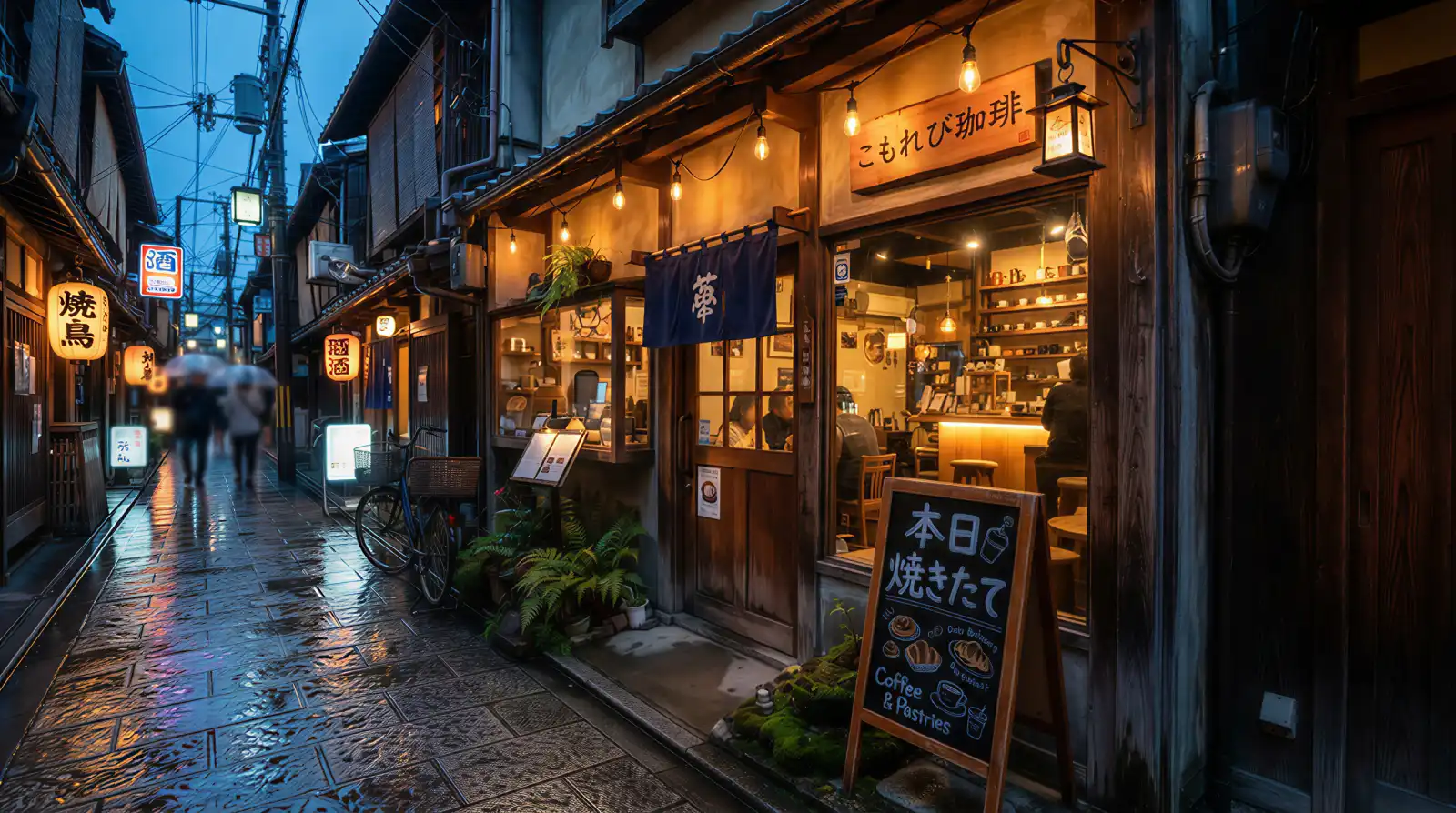 黒板に「本日焼きたて」と書かれた夕暮れのカフェ店先