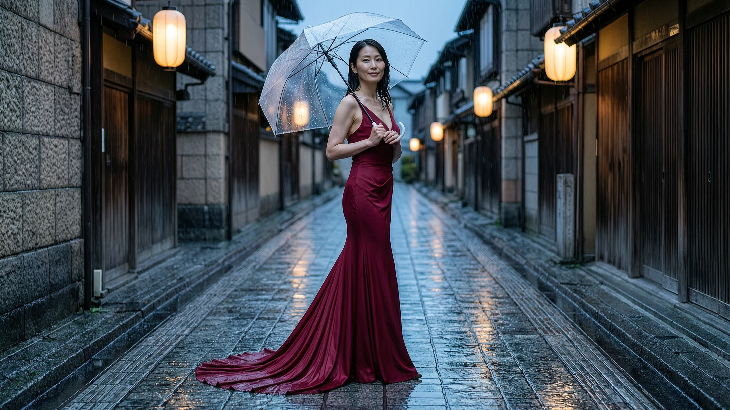 雨の京都と深紅のドレス